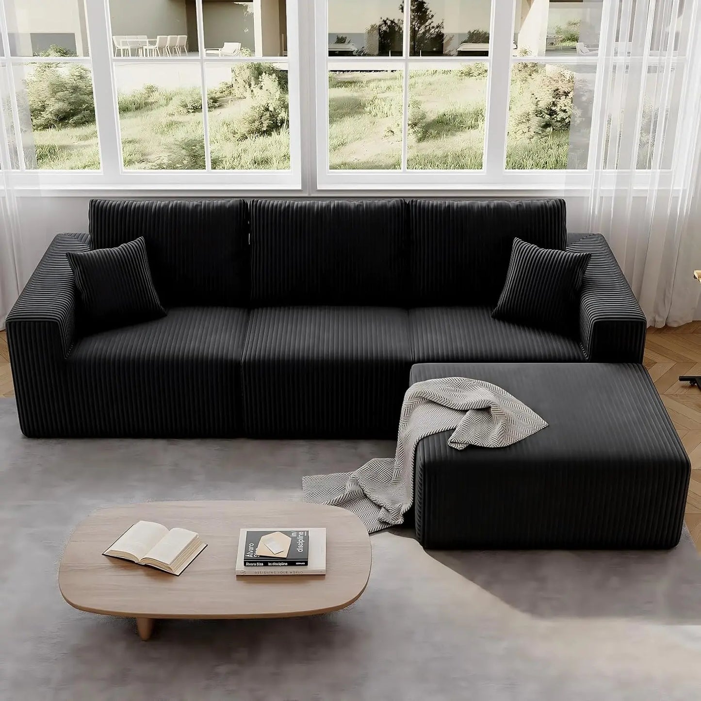139" Cloud Sectional Sofa Deep Seat Modular L-Shape Frameless Corduroy Living Room 4-Seater Left Chaise Black Customized