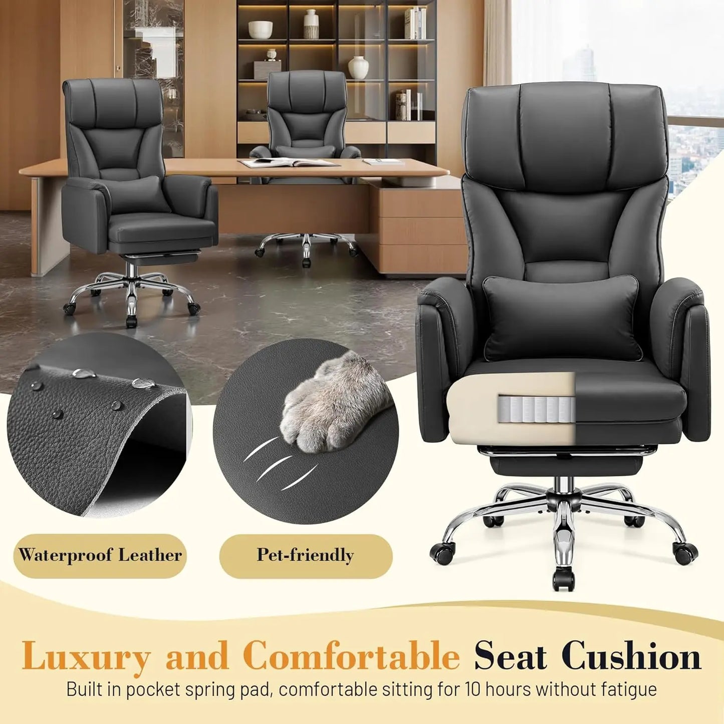Big and Tall Office Chair, 400LBS Wide Leather Executive Chair,