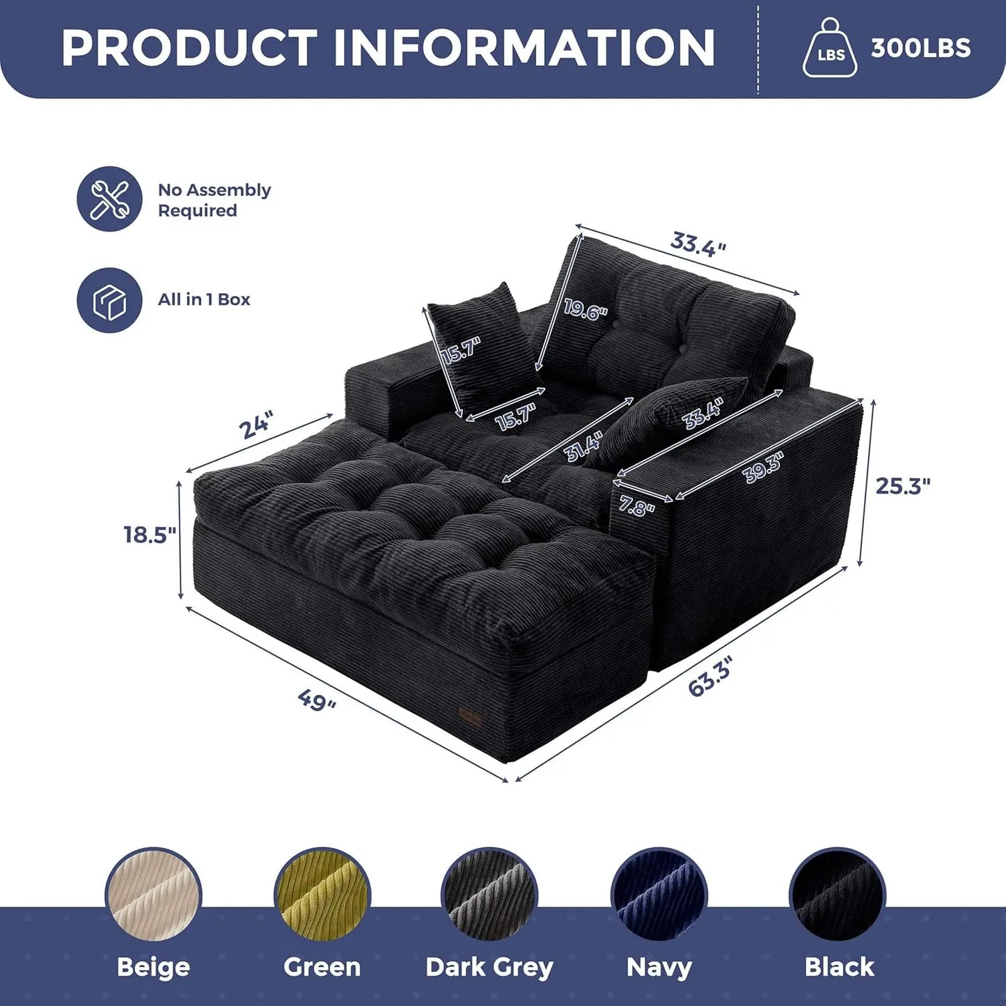 Oversized Chaise Lounge Sofa, Upholstered Lounge Chair with 3 Pillows, Tufted Boneless Sofa Couch with Ottoman, Deep Seat Sleepe