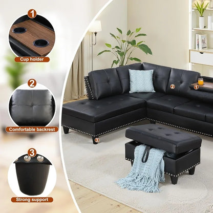 L Shaped Couch 3-Piece Sectional Sofa Set .Black