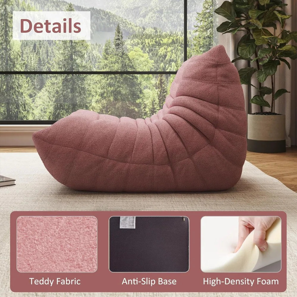 Oversized Bean Bag Chair, Pink Teddy Velvet Floor Sofa for Living Room, Ergonomic Design with Memory Foam