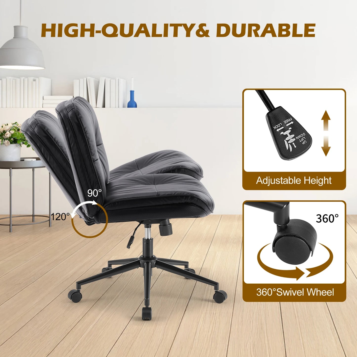 Cross Legged  Leather Office Chair with Wheels Armless Desk Seating for Home Bedroom