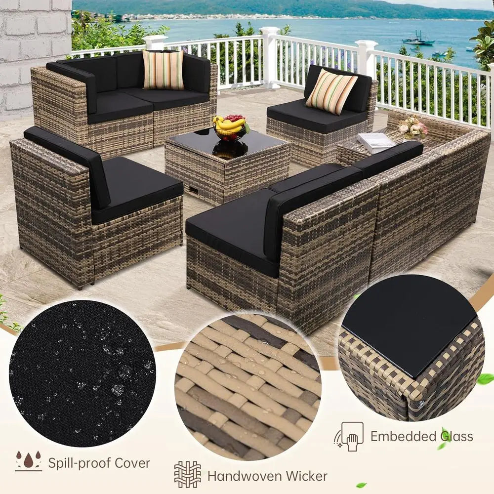 8-Piece Outdoor Wicker Sectional Patio Furniture Set with Cushions and Glass Table Storage