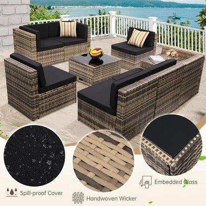 8-Piece Outdoor Wicker Sectional Patio Furniture Set with Cushions and Glass Table Storage