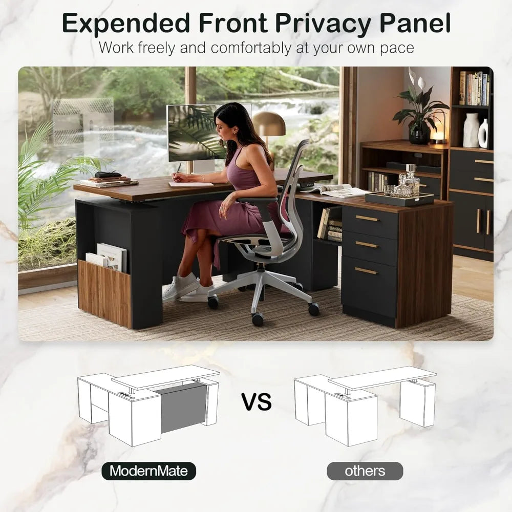 63" Standing Desk with File Cabinet, Privacy Panel, AC/USB, Executive L Shaped Height Adjustable Electric Stand Up Desk