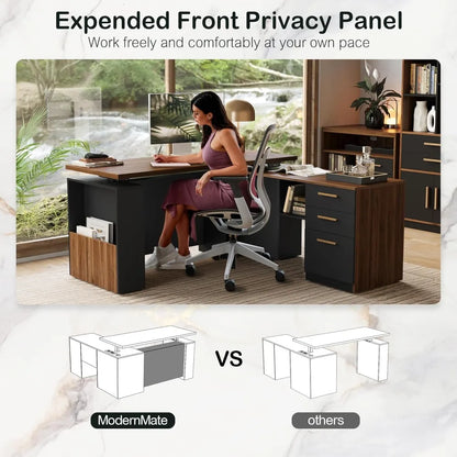 63" Standing Desk with File Cabinet, Privacy Panel, AC/USB, Executive L Shaped Height Adjustable Electric Stand Up Desk