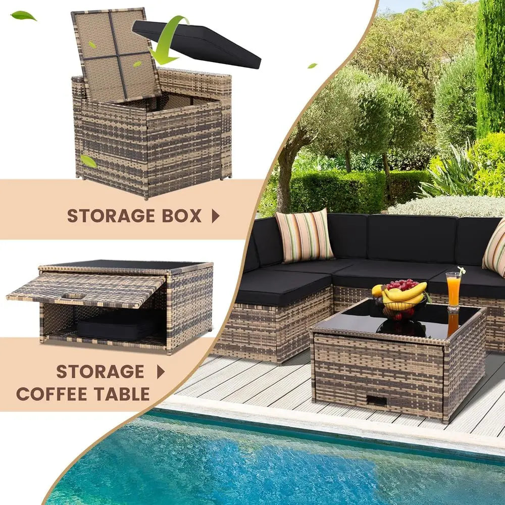 8-Piece Outdoor Wicker Sectional Patio Furniture Set with Cushions and Glass Table Storage