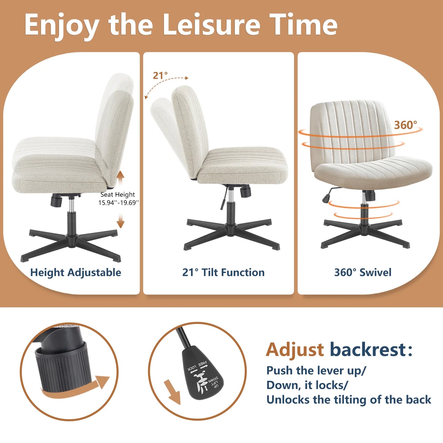 Cross Legged Chair Armless Wide Desk Adjustable Swivel Fabric Task Vanity Home Office