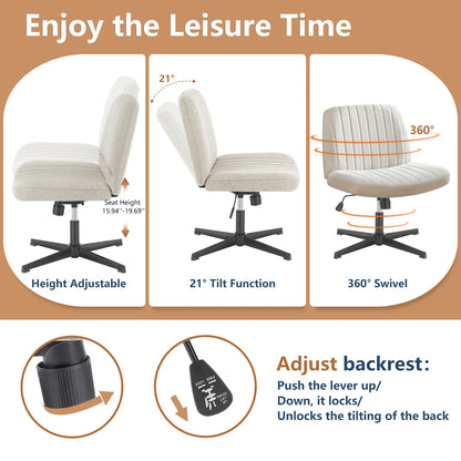 Cross Legged Chair Armless Wide Desk Adjustable Swivel Fabric Task Vanity Home Office