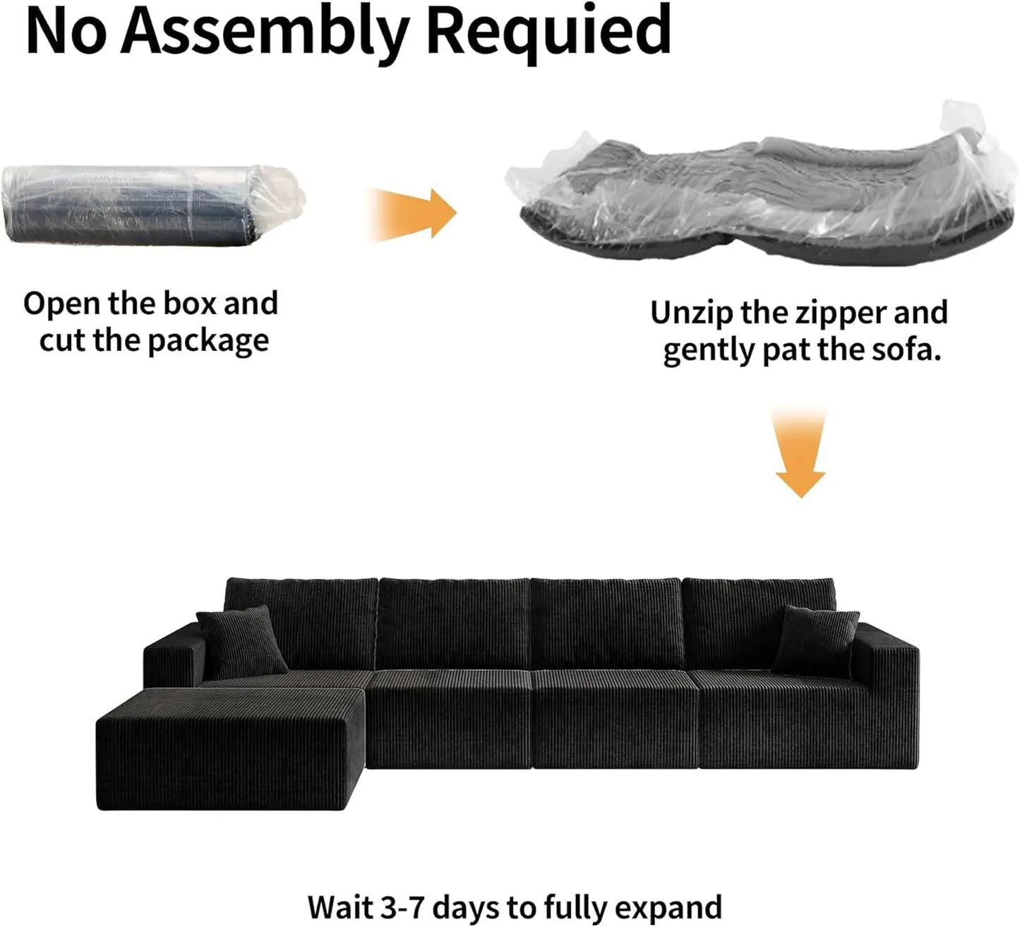 139" Cloud Sectional Sofa Deep Seat Modular L-Shape Frameless Corduroy Living Room 4-Seater Left Chaise Black Customized