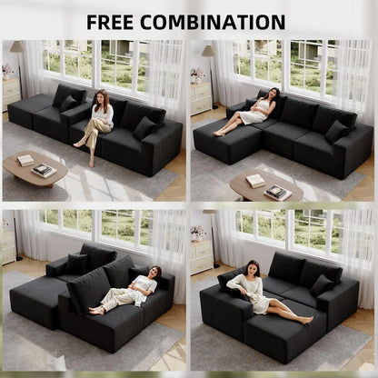 139" Cloud Sectional Sofa Deep Seat Modular L-Shape Frameless Corduroy Living Room 4-Seater Left Chaise Black Customized