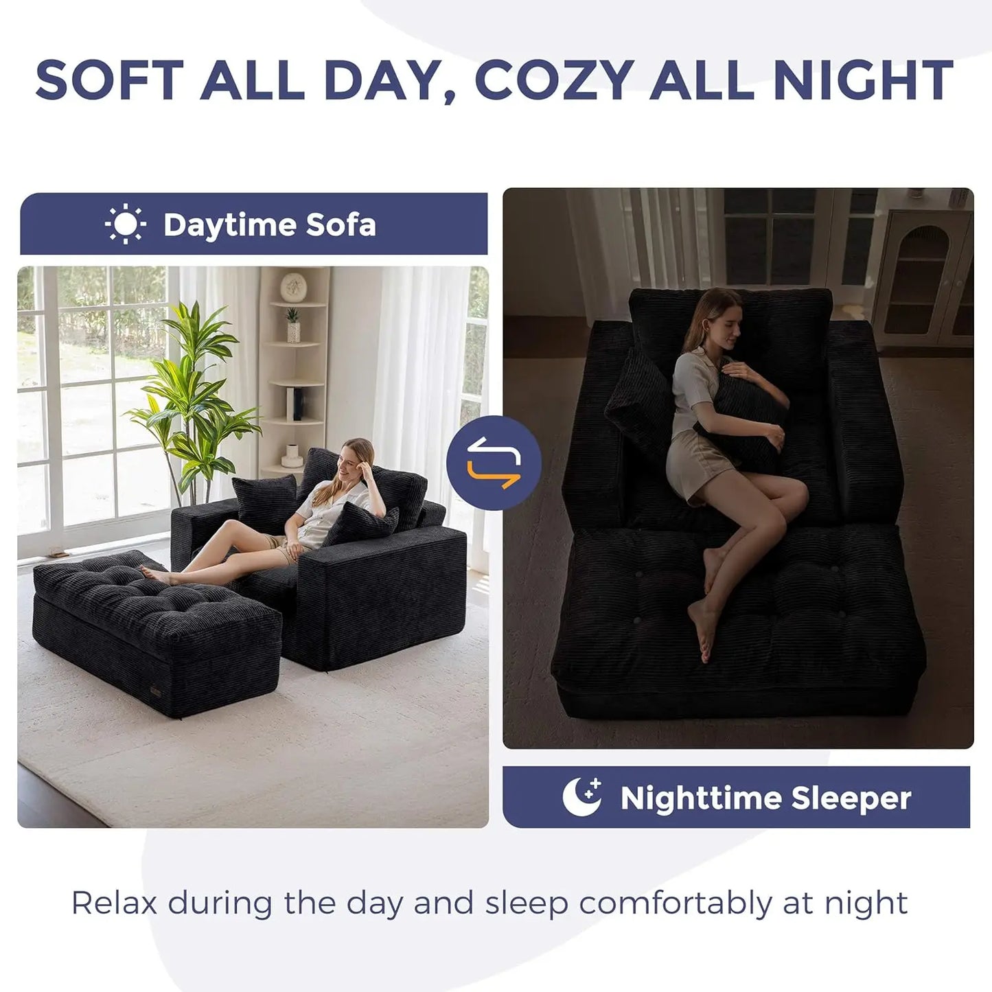 Oversized Chaise Lounge Sofa, Upholstered Lounge Chair with 3 Pillows, Tufted Boneless Sofa Couch with Ottoman, Deep Seat Sleepe