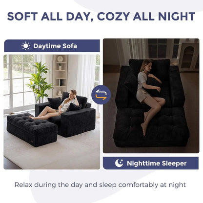 Oversized Chaise Lounge Sofa, Upholstered Lounge Chair with 3 Pillows, Tufted Boneless Sofa Couch with Ottoman, Deep Seat Sleepe