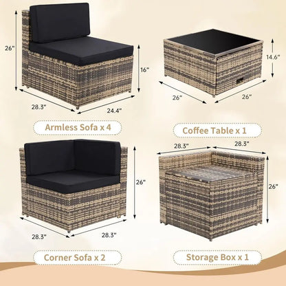 8-Piece Outdoor Wicker Sectional Patio Furniture Set with Cushions and Glass Table Storage