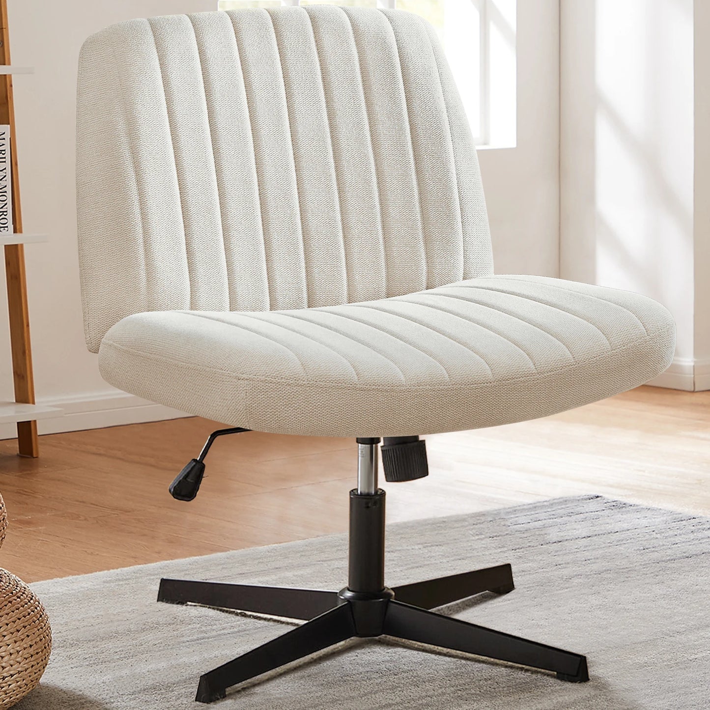 Cross Legged Chair Armless Wide Desk Adjustable Swivel Fabric Task Vanity Home Office
