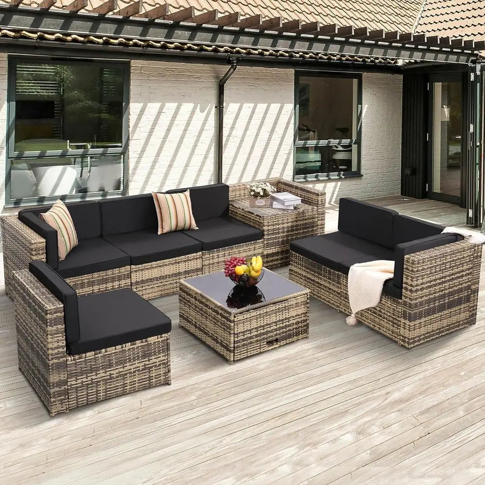 8-Piece Outdoor Wicker Sectional Patio Furniture Set with Cushions and Glass Table Storage