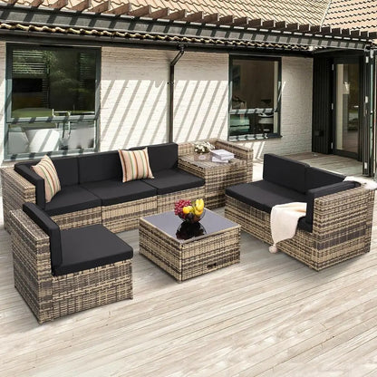 8-Piece Outdoor Wicker Sectional Patio Furniture Set with Cushions and Glass Table Storage