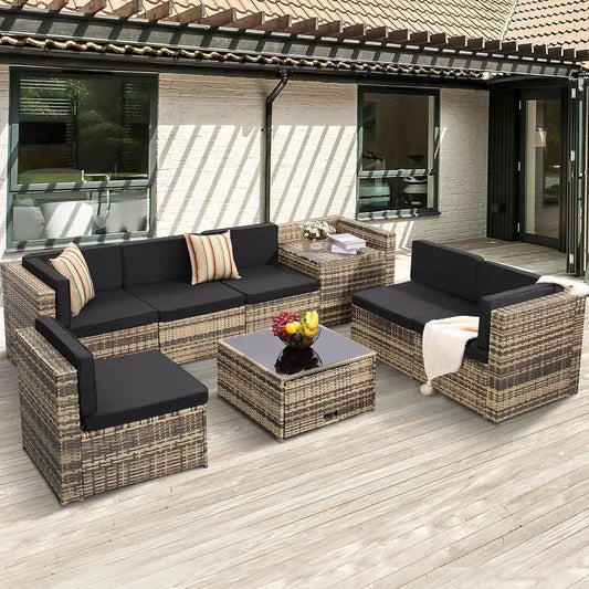 8-Piece Outdoor Wicker Sectional Patio Furniture Set with Cushions and Glass Table Storage