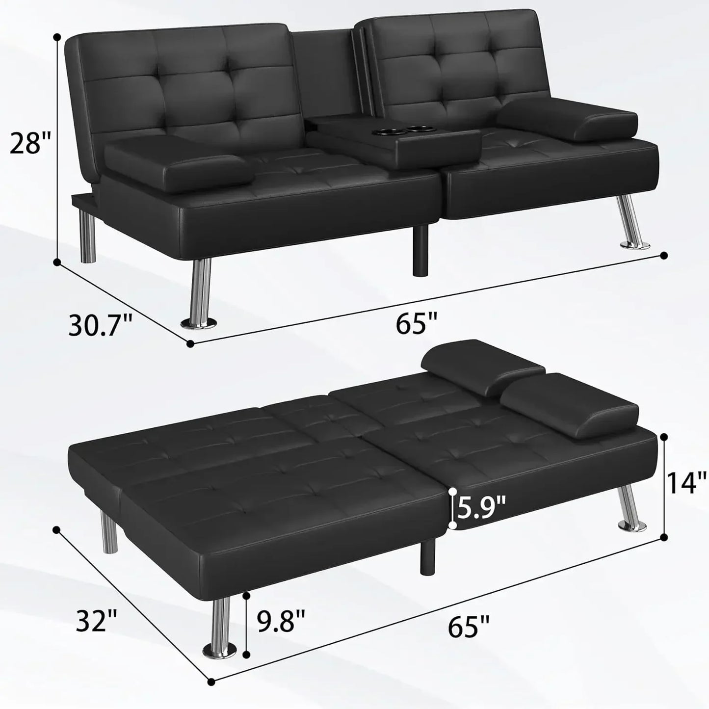 [XMSJ-Limited Stock, Buy Now!]Futon Sofa Bed Modern Folding Futon Set Convertible Recliner Lounge for Living Room with 2 Cup Hol