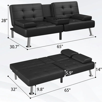 [XMSJ-Limited Stock, Buy Now!]Futon Sofa Bed Modern Folding Futon Set Convertible Recliner Lounge for Living Room with 2 Cup Hol