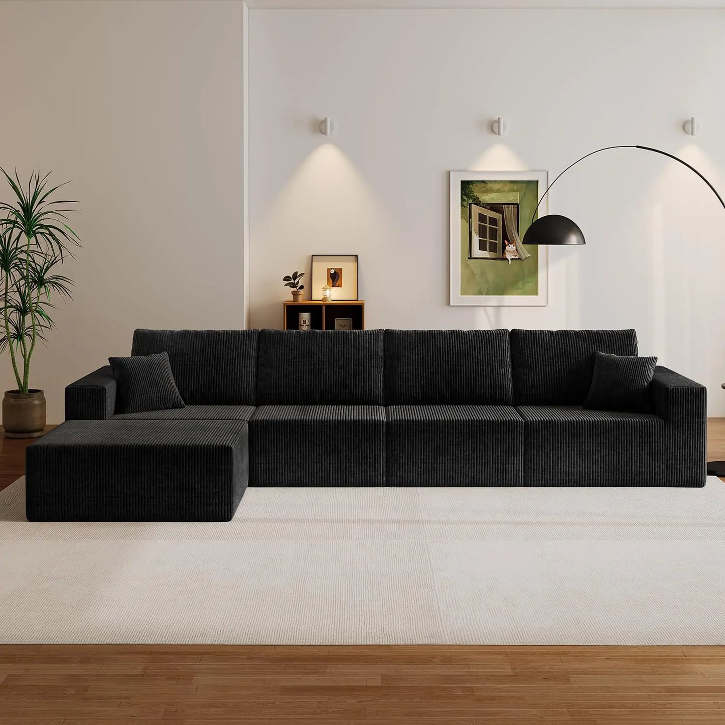 139" Cloud Sectional Sofa Deep Seat Modular L-Shape Frameless Corduroy Living Room 4-Seater Left Chaise Black Customized