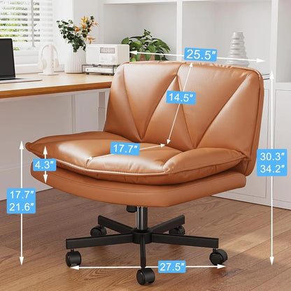 Criss Cross Chair with Wheels,Cross Legged Office Chair with 2 Layer Cushion,Comfy Wide Seat,Leather,Amless, Vanity Chairs for H
