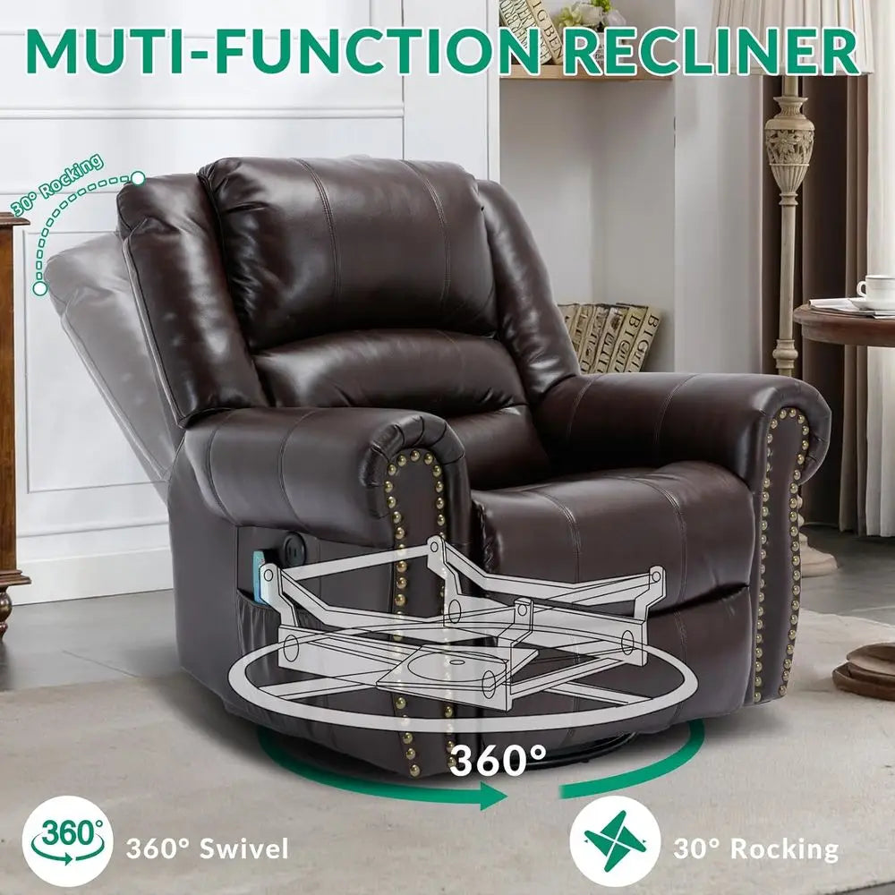 Brown Swivel Rocker Recliner with Heat, Vibration, 360° Glider, Remote Control, Side Pockets & USB Ports